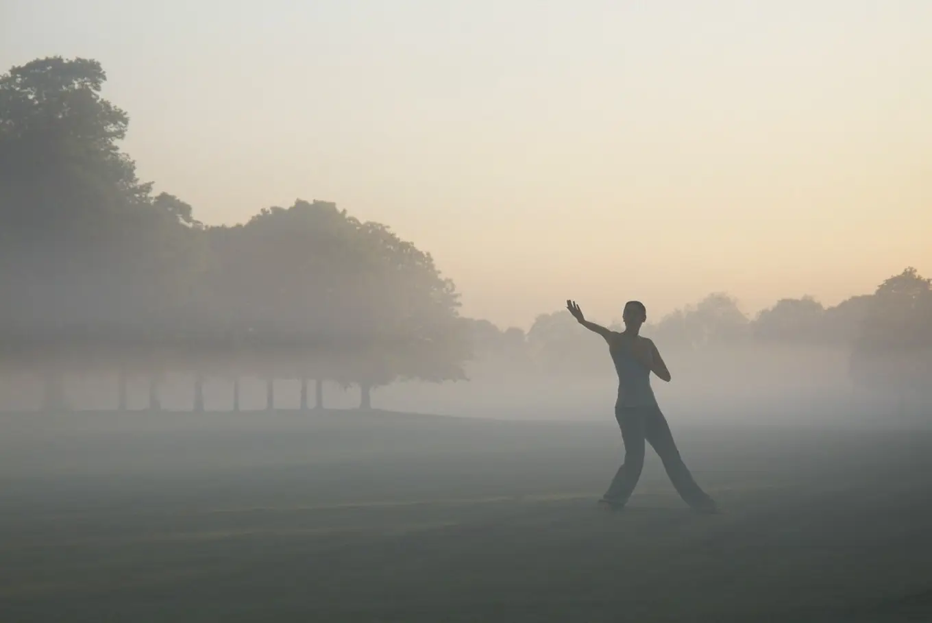 kobieta na polanie we mgle